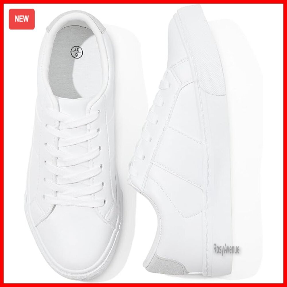 Women's PU Leather Sneakers Low Top Lace Up Tennis Shoes Casual Comfort